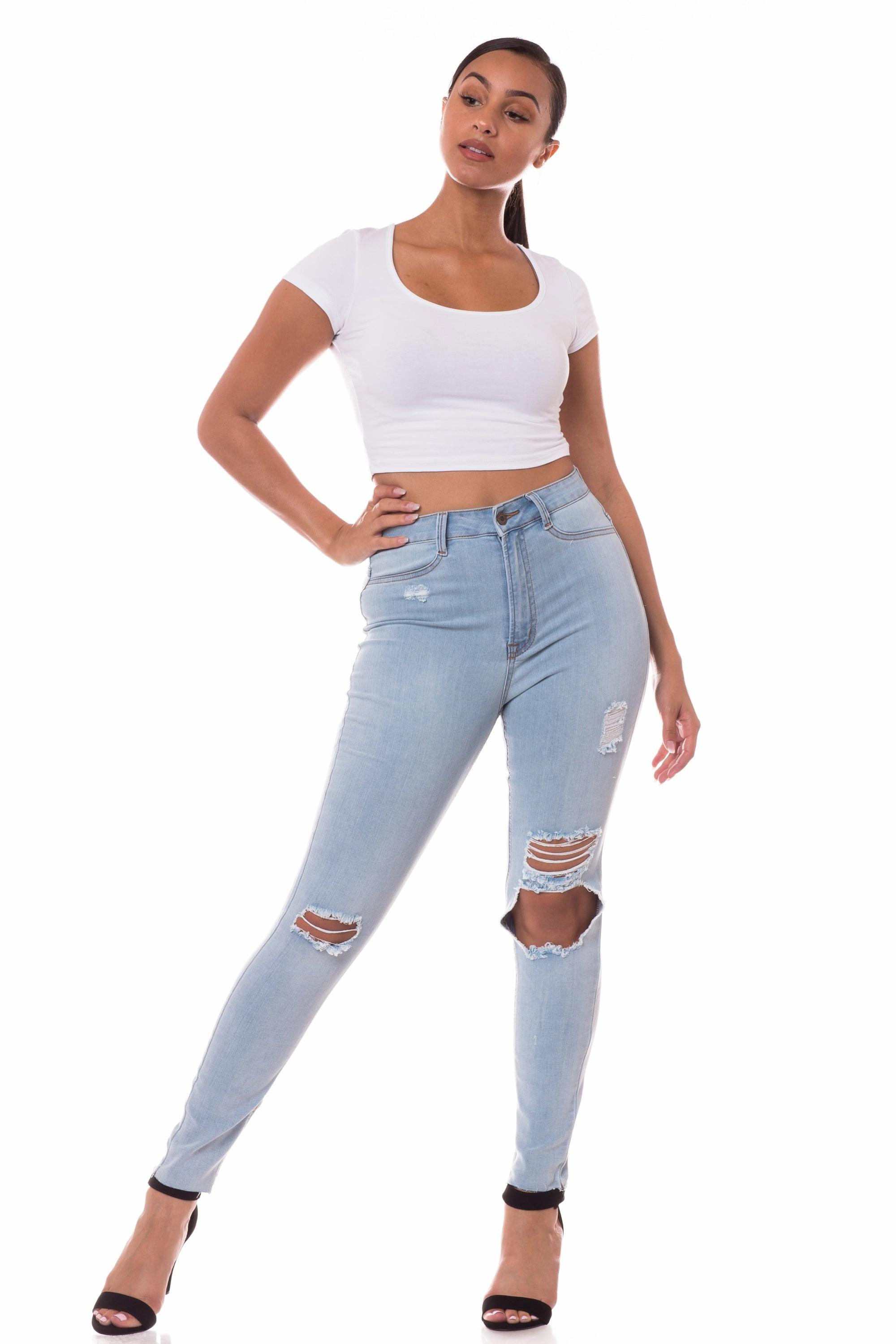 Daily Driven 4462 Women's High Waisted Distressed Skinny Jeans with Cut Outs