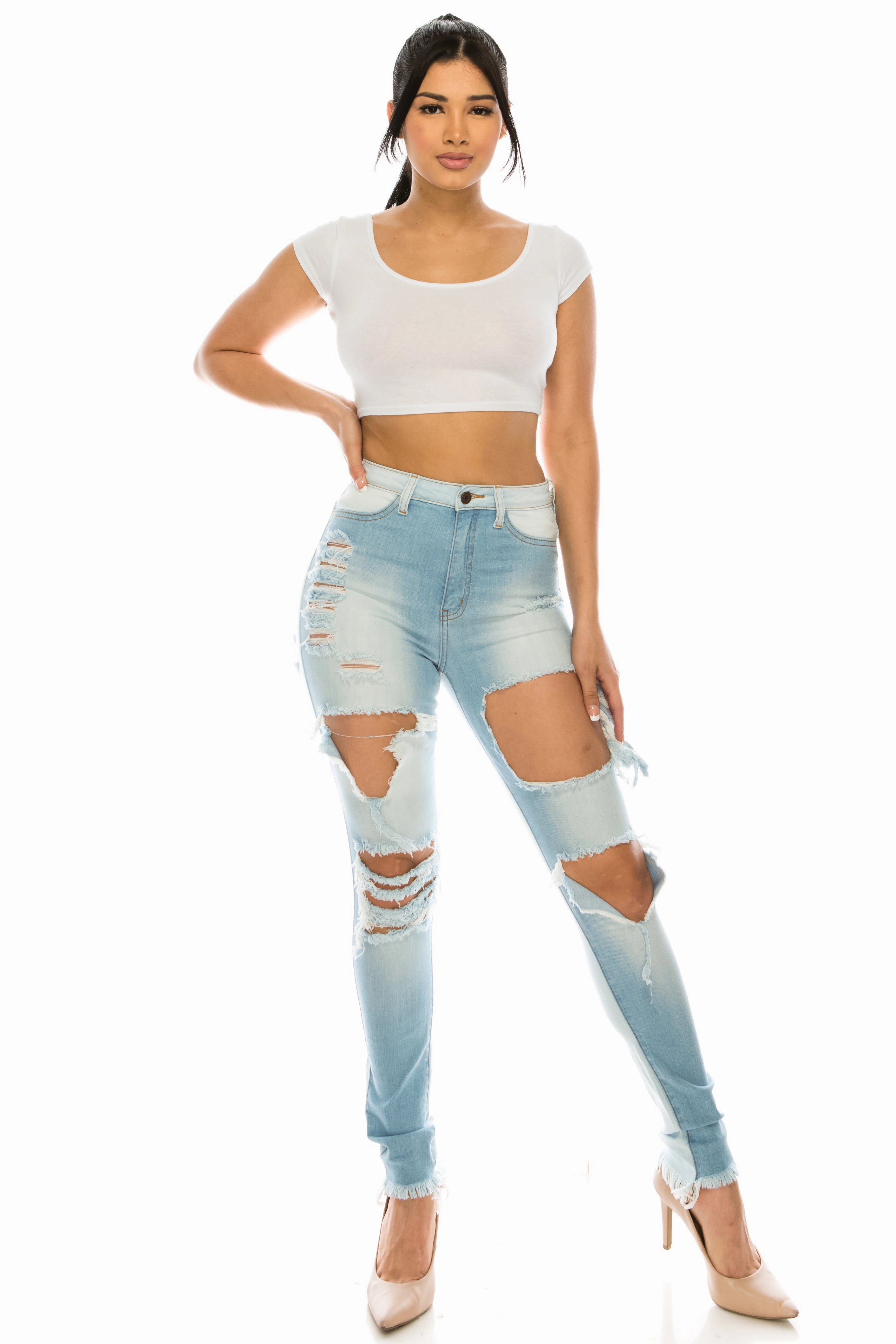 Seamless Waistband Finish Casual Wear 4811 Women's Super High Waisted Distressed Two Tone Skinny Jeans with Cut Outs
