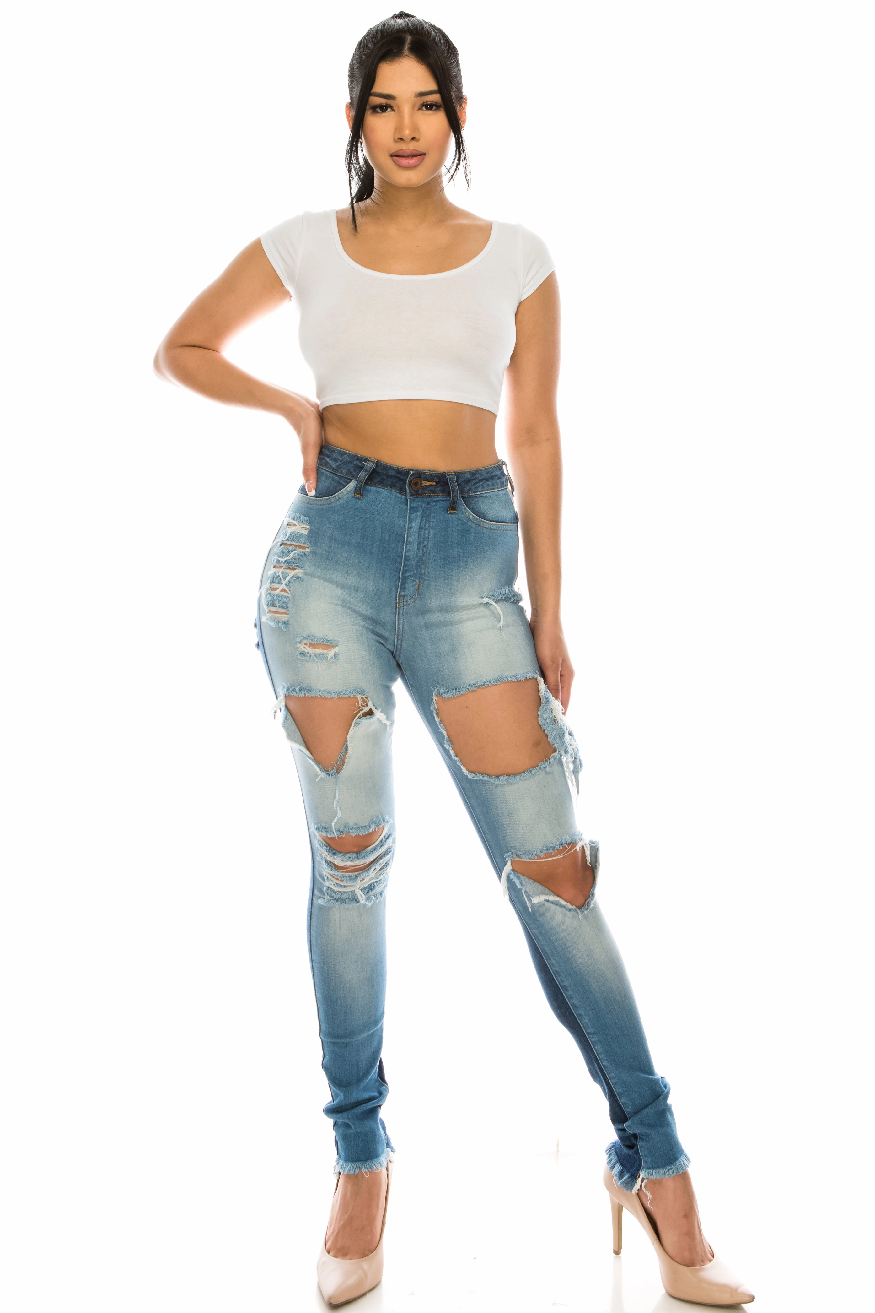 No Bulk Seam Design Neutral Daily Wear Adult Fashion 4811 Women's Super High Waisted Distressed Two Tone Skinny Jeans with Cut Outs
