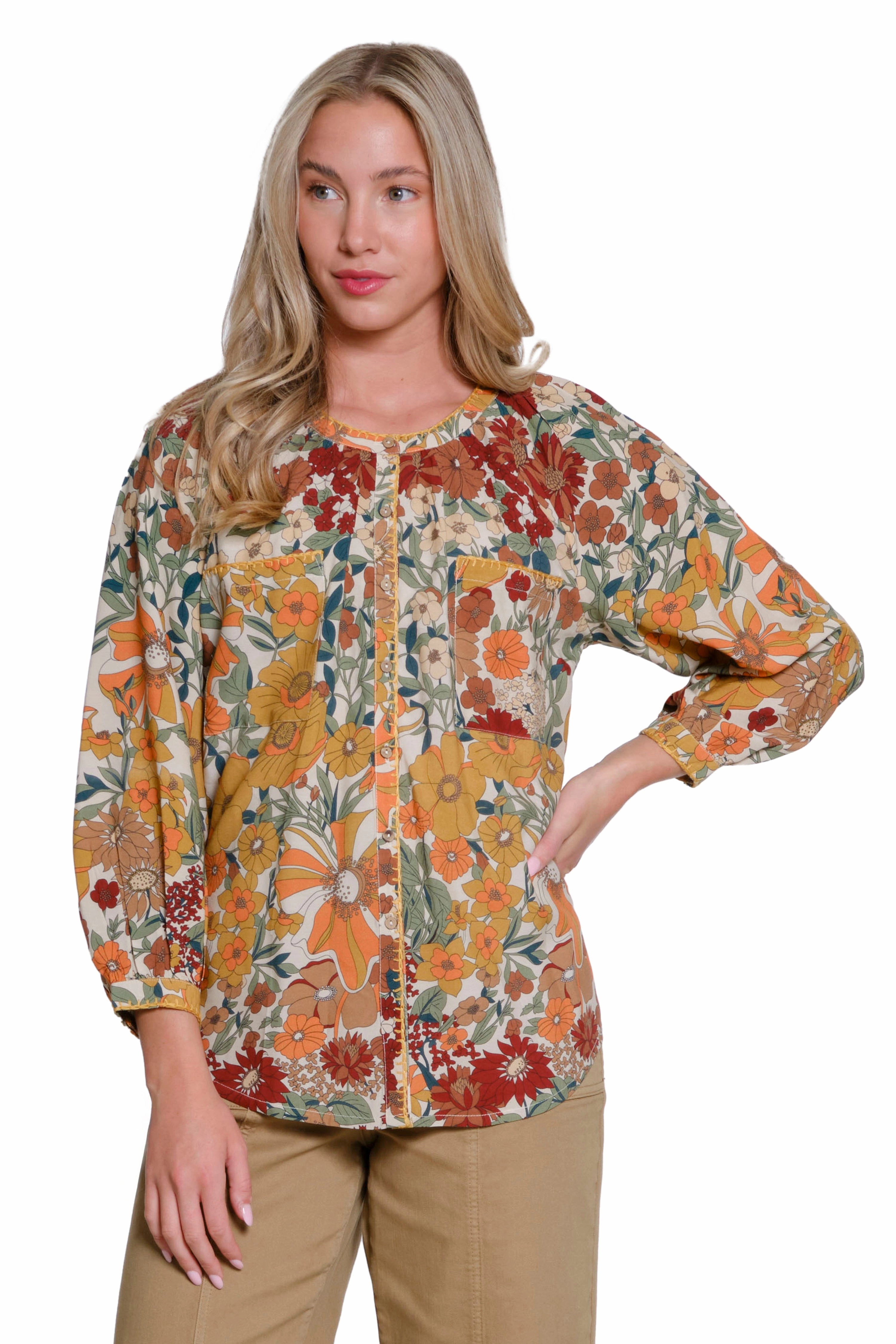 Reinforced Hem Stitching Adjustable Hem Cuff Floral Print Blouse - Multi