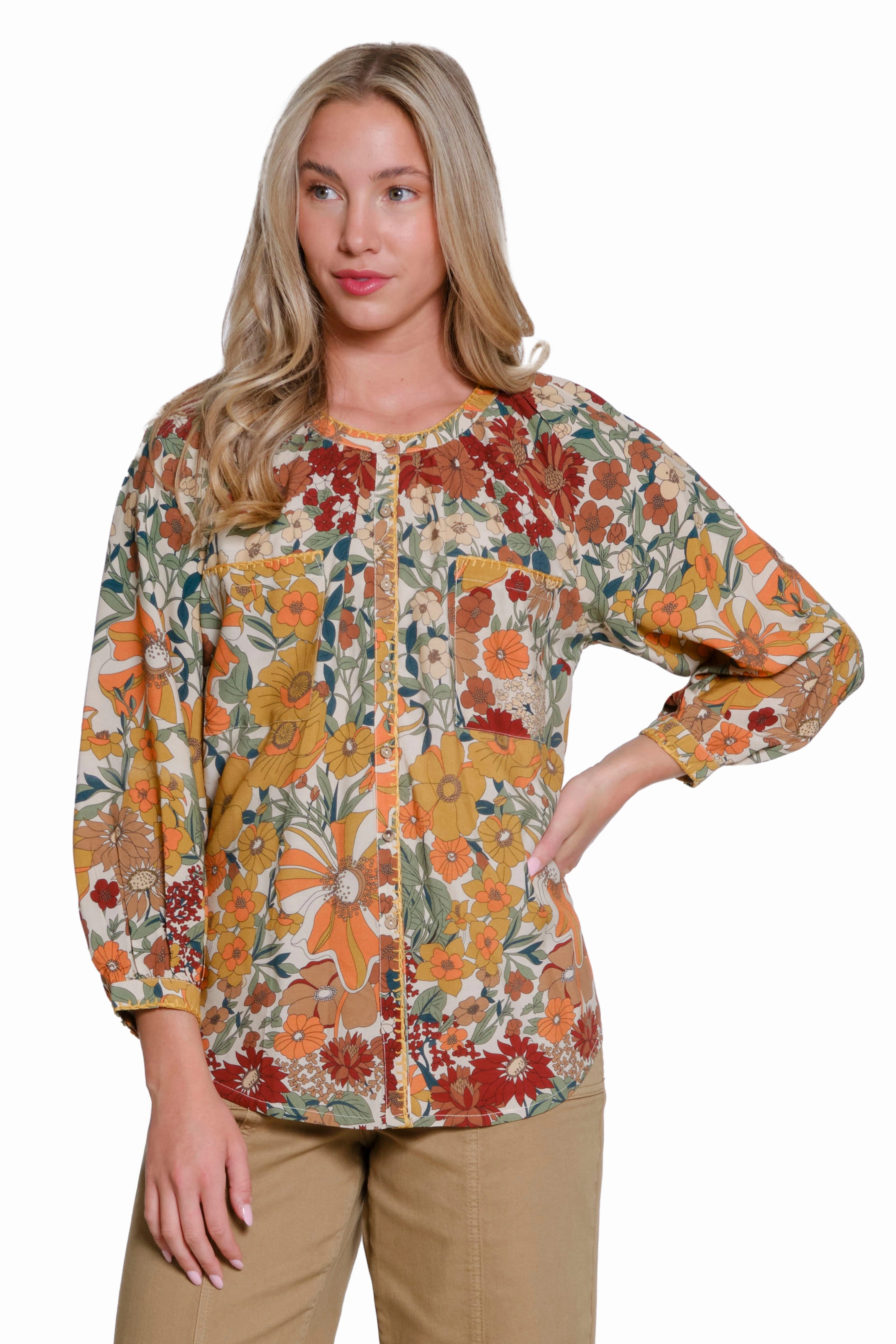 Roll Up Sleeve System Comfy Cardigan Floral Print Blouse - Multi