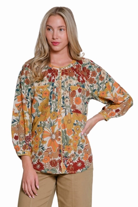 Reinforced Hem Stitching Adjustable Hem Cuff Floral Print Blouse - Multi