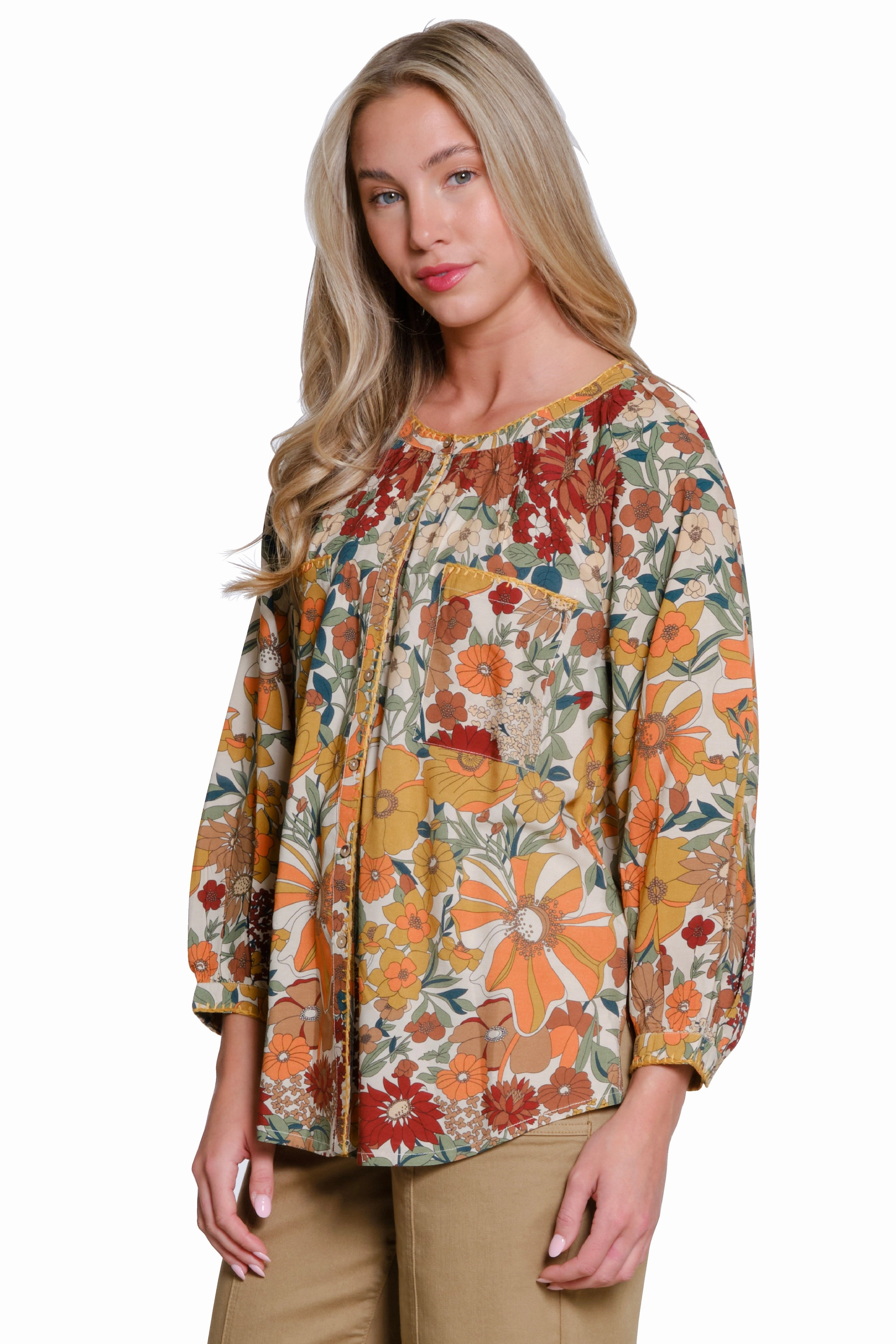 Fray Resistant Edges retro look Floral Print Blouse - Multi