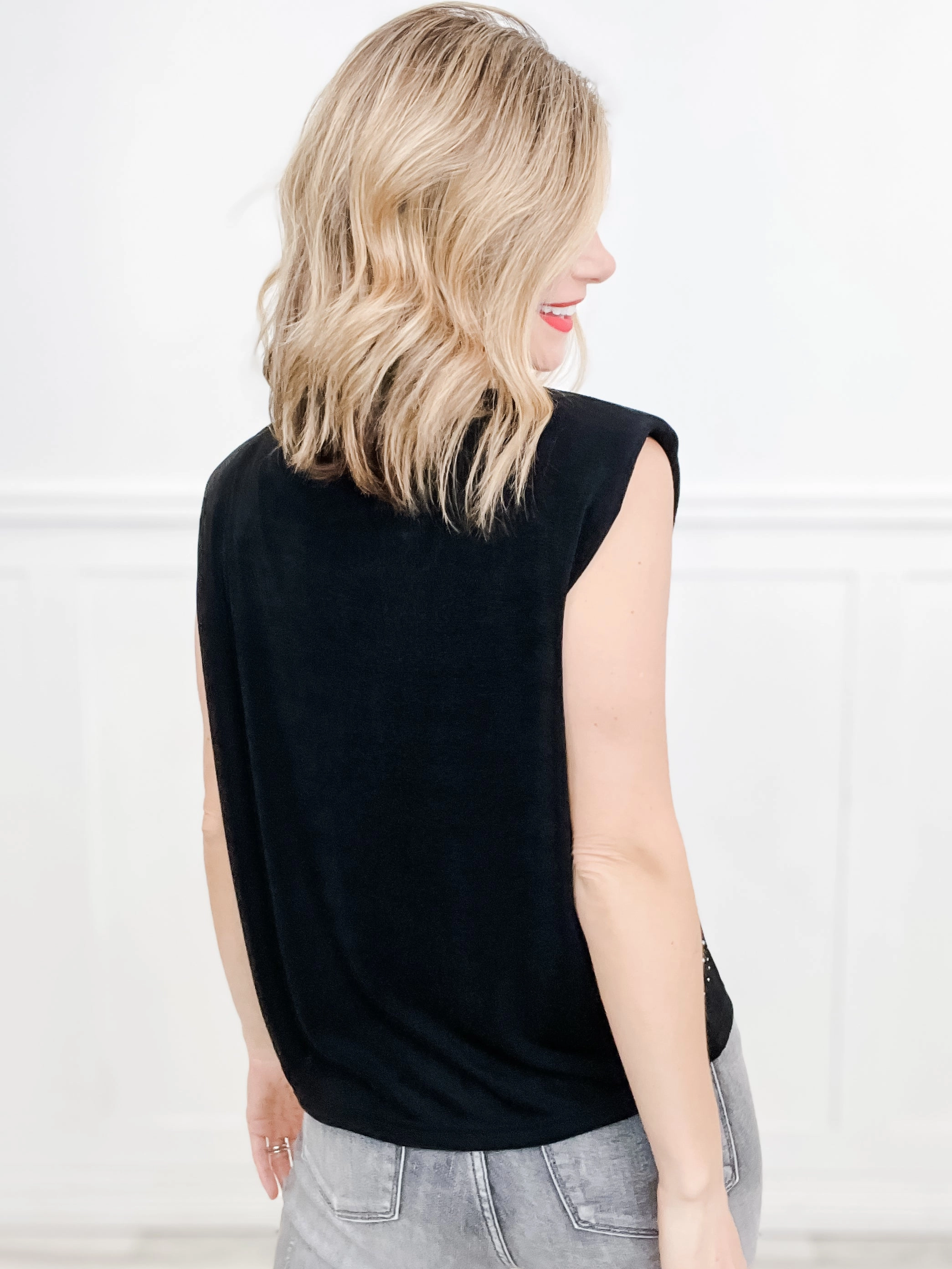 At The Drop Of A Hat Solid Rhinestones Mock Neck Short Sleeve Top NonIrritating Seams Elegant Look