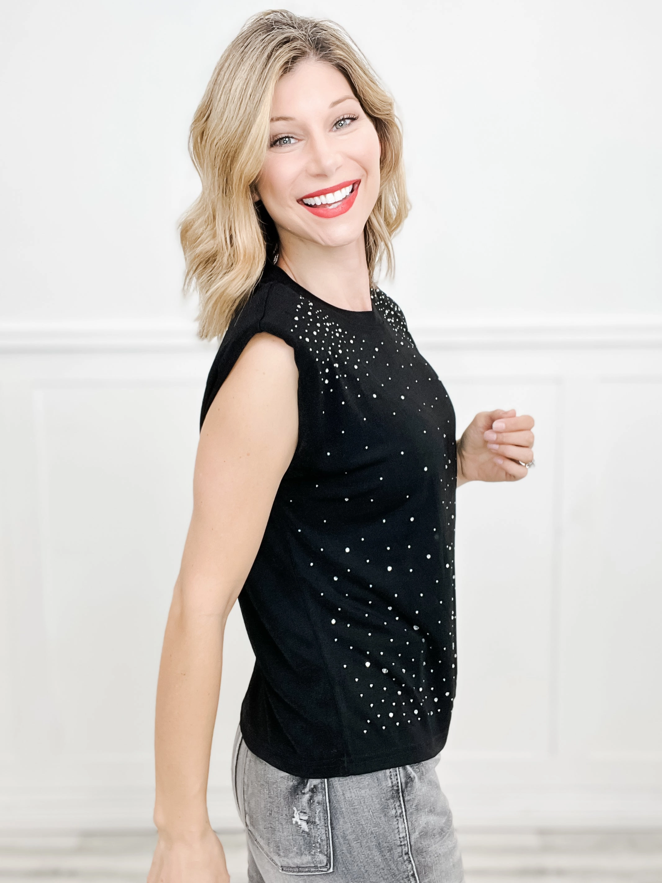 At The Drop Of A Hat Solid Rhinestones Mock Neck Short Sleeve Top Reinforced Elbow Patches Fray Resistant Edges