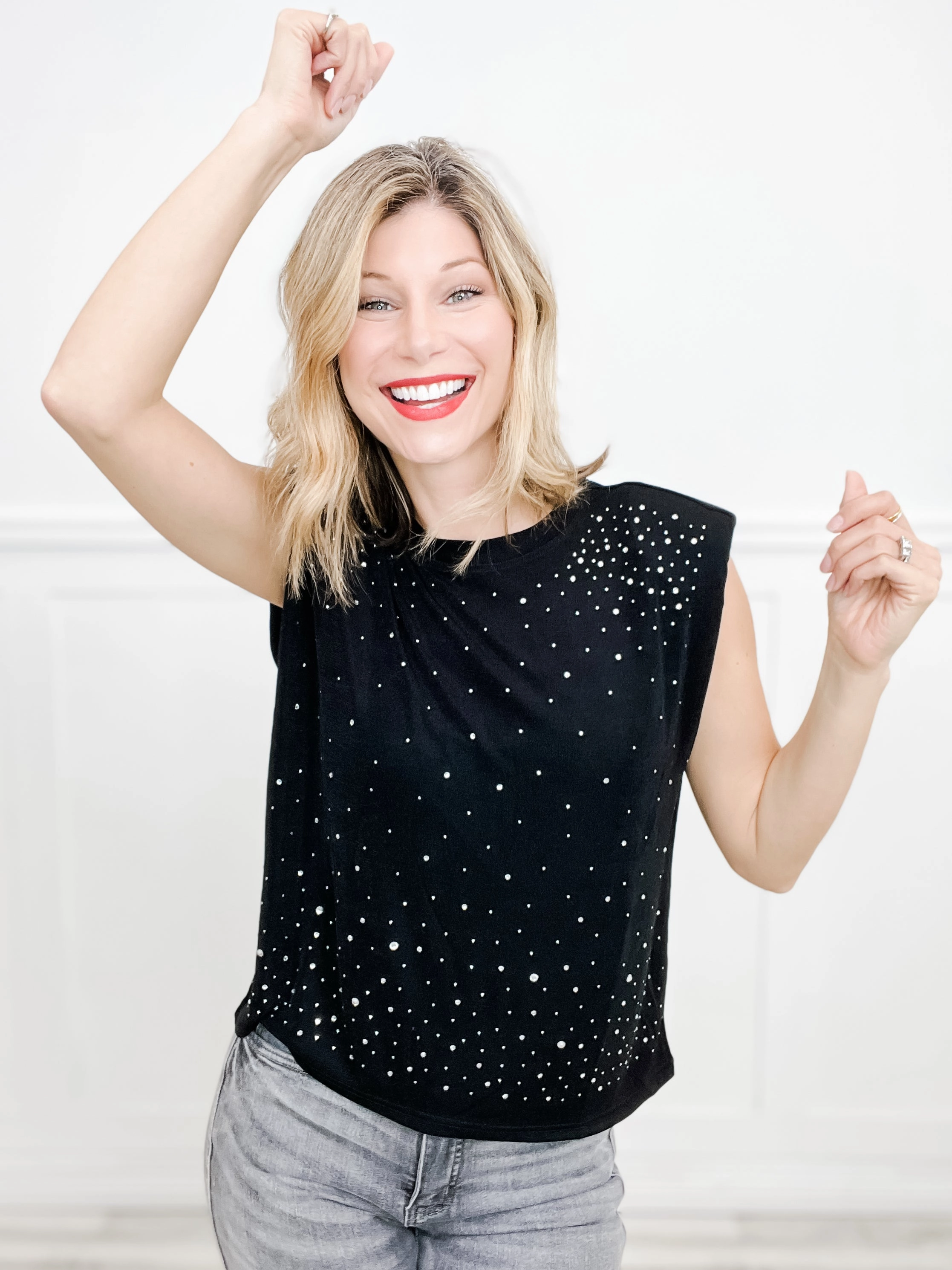 Neutral Tone Palette At The Drop Of A Hat Solid Rhinestones Mock Neck Short Sleeve Top