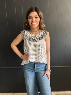 Durable Hem Stitching FrictionFreeNeckline Ivory & Black Dot Embroidered Floral Ruffle Top