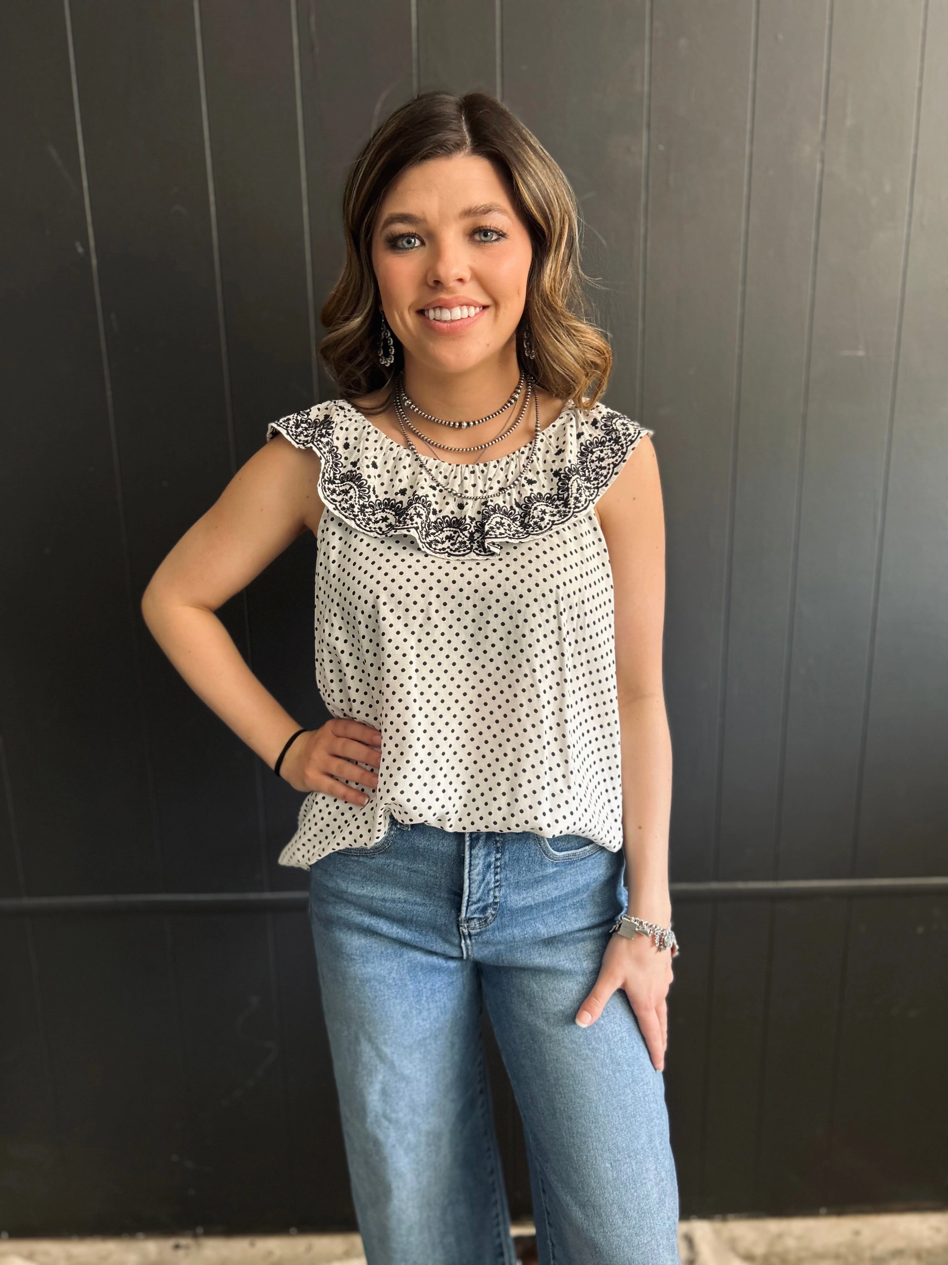 Durable Hem Stitching FrictionFreeNeckline Ivory & Black Dot Embroidered Floral Ruffle Top