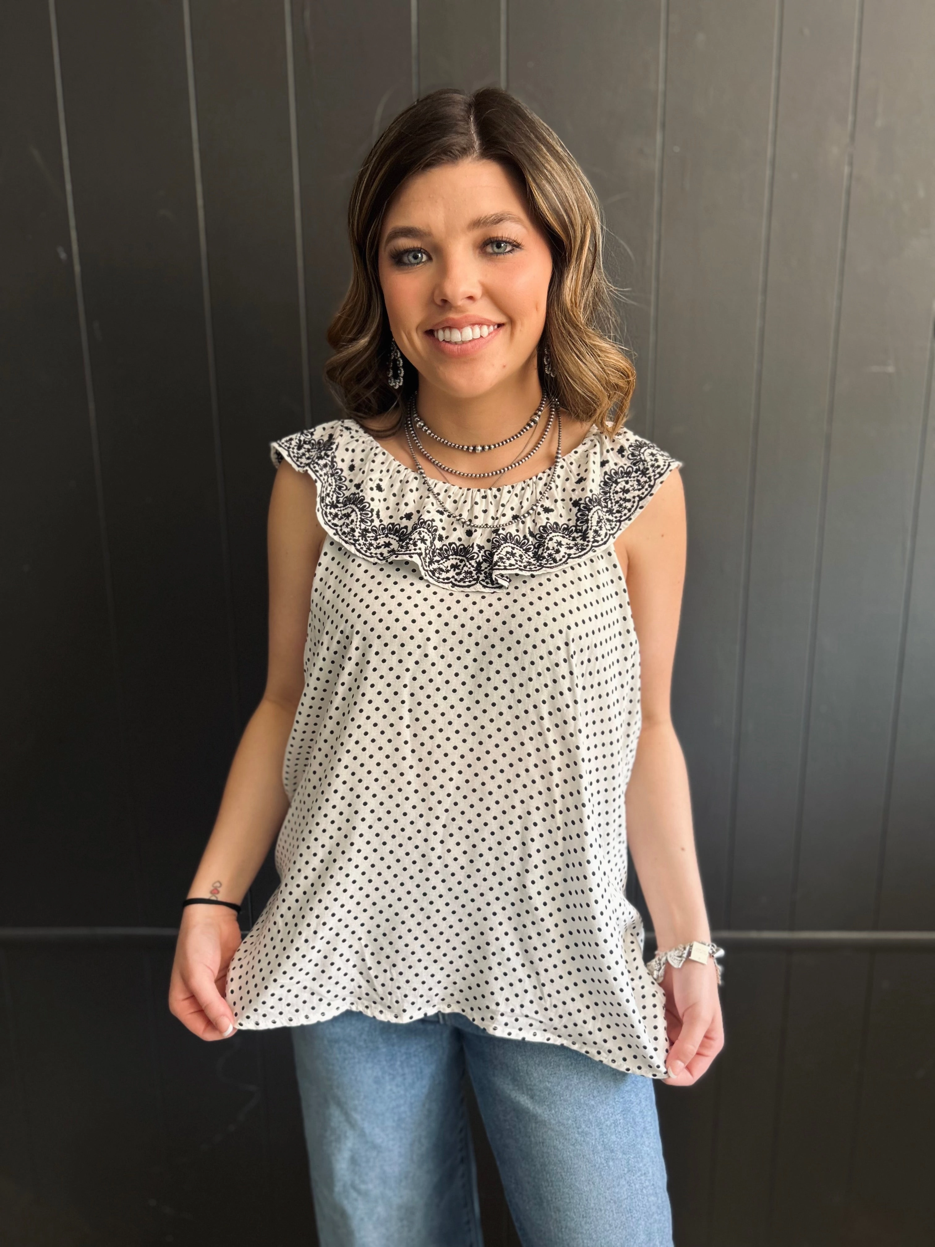 Ivory & Black Dot Embroidered Floral Ruffle Top FadeResistant Treatment