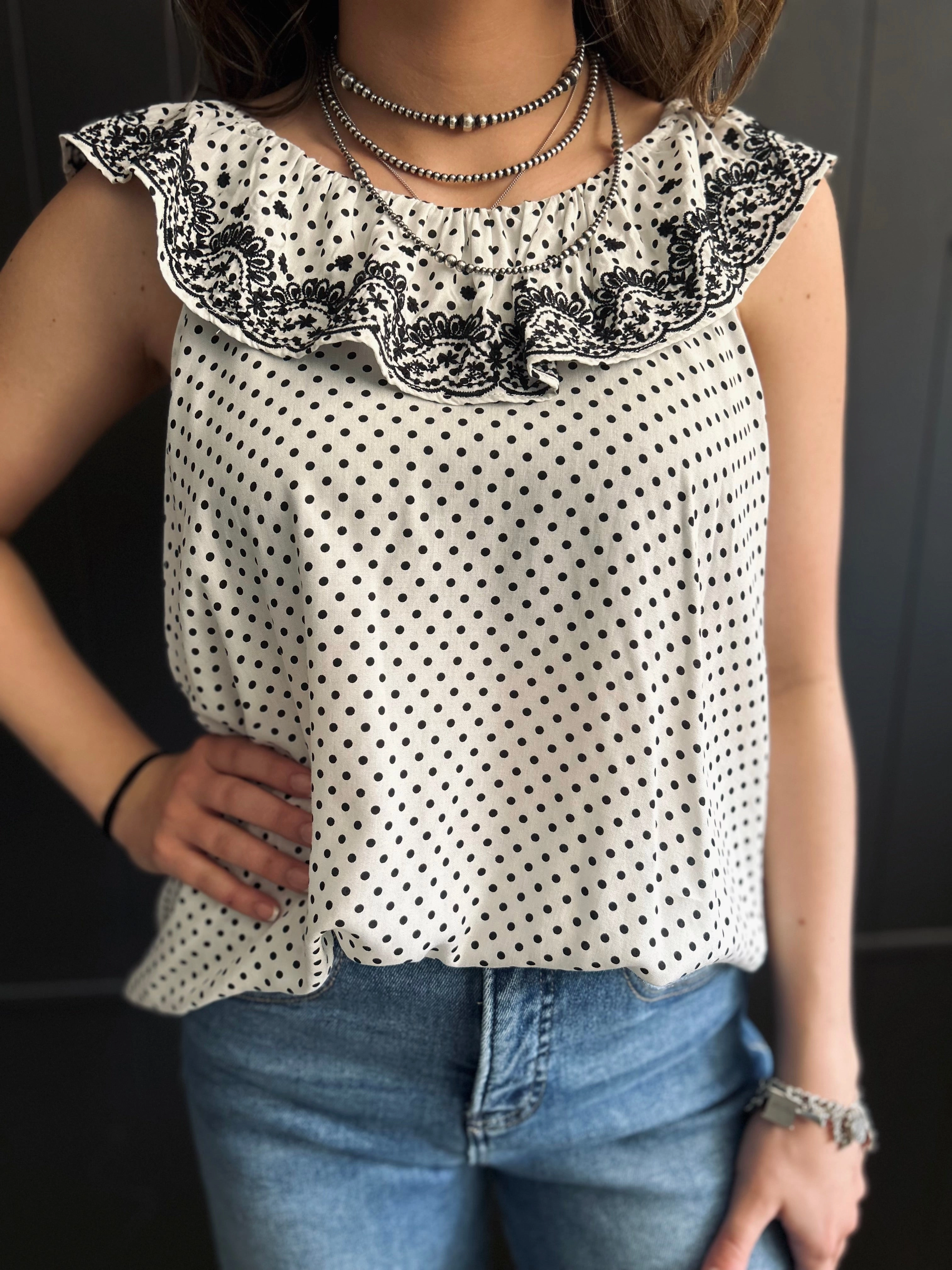 SweatWicking Fabric Non Irritating Seam Finish Ivory & Black Dot Embroidered Floral Ruffle Top
