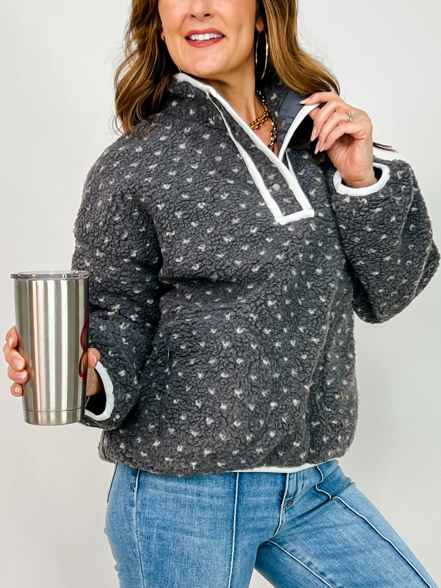 Snap Button Neckline Heart Sherpa Fleece Pullover Top Wrinkle Free Material