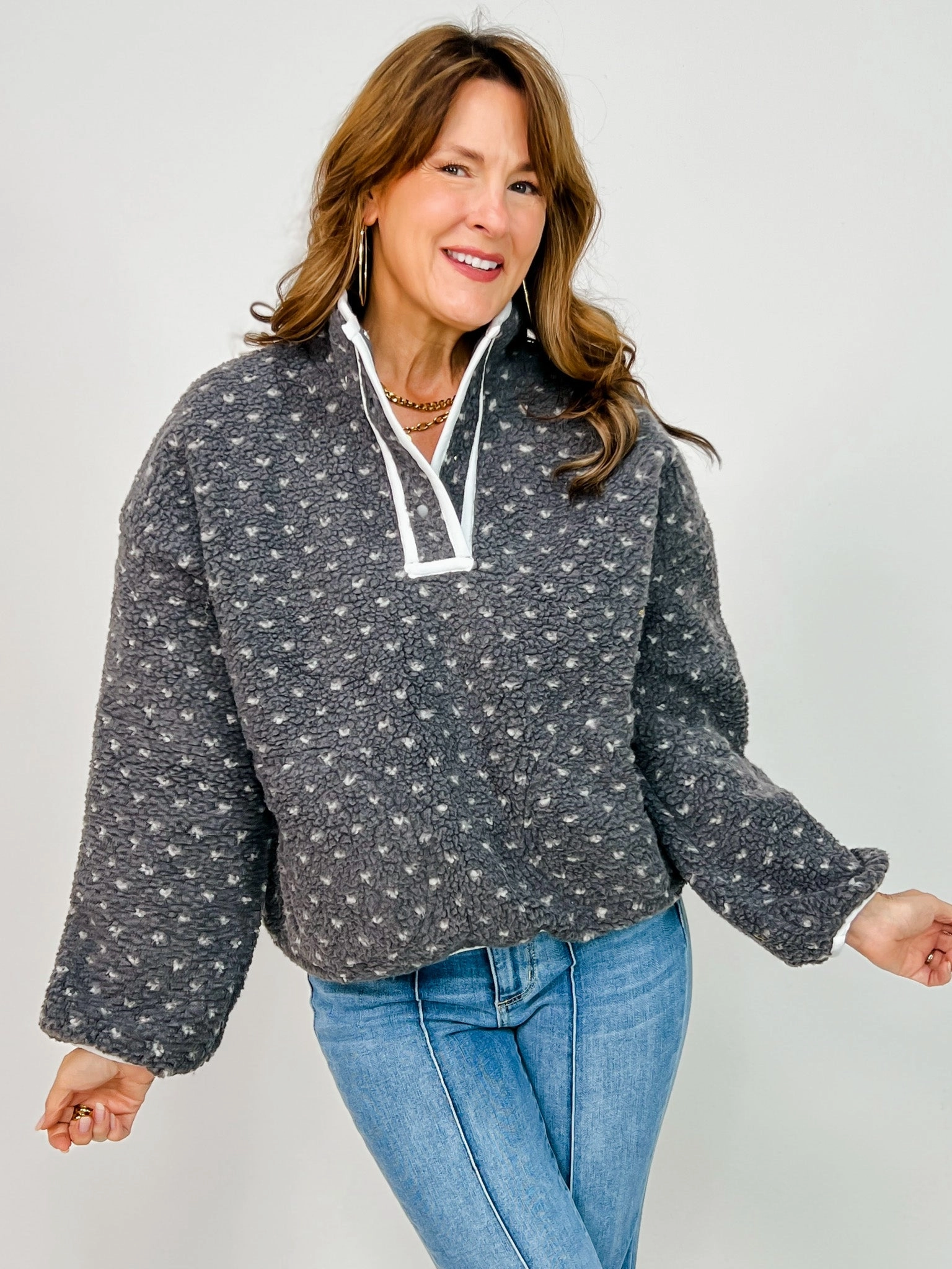 Snap Button Neckline Heart Sherpa Fleece Pullover Top Cozy Active All Purpose Wear