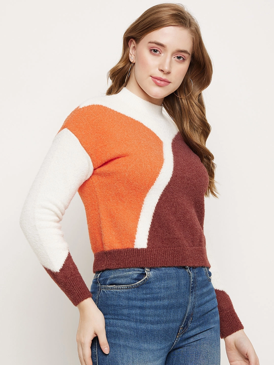 Warm and Snuggly Madame Brown Colourblocked Round Neck Sweater