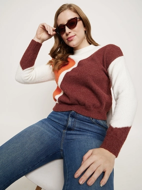 Madame Brown Colourblocked Round Neck Sweater Elastic design