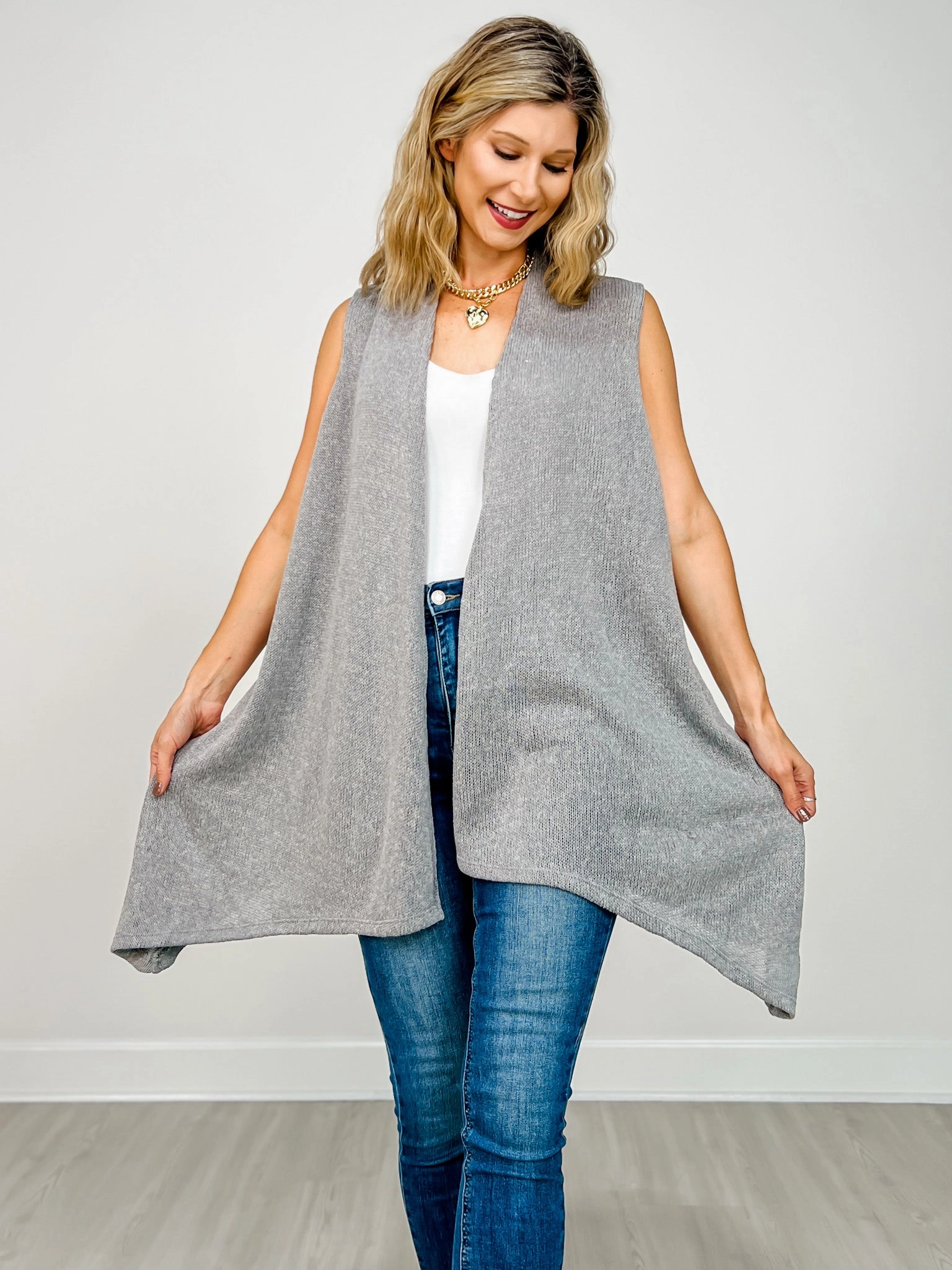Perfect Knit Front Drape Open Front Sleeveless Knit Vest in SOFT GREY