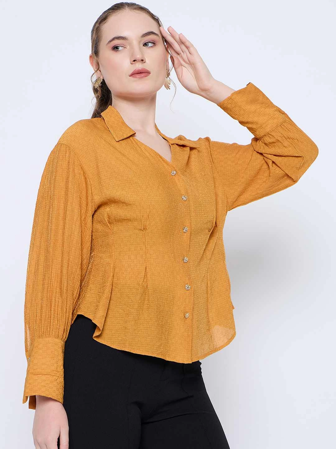 Madame Pleat Detailed Pearl Buttoned Solid Mustard Yellow Shirt Athletic Cut Subtle patterns