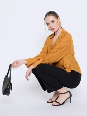 Madame Pleat Detailed Pearl Buttoned Solid Mustard Yellow Shirt Youth fashion Perfect Layering