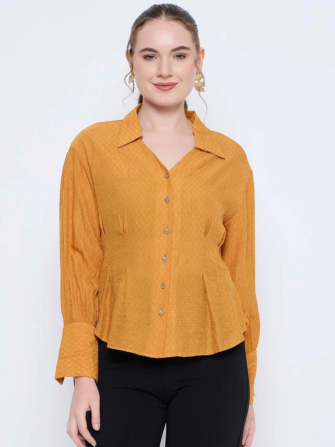 Madame Pleat Detailed Pearl Buttoned Solid Mustard Yellow Shirt Polished Finish