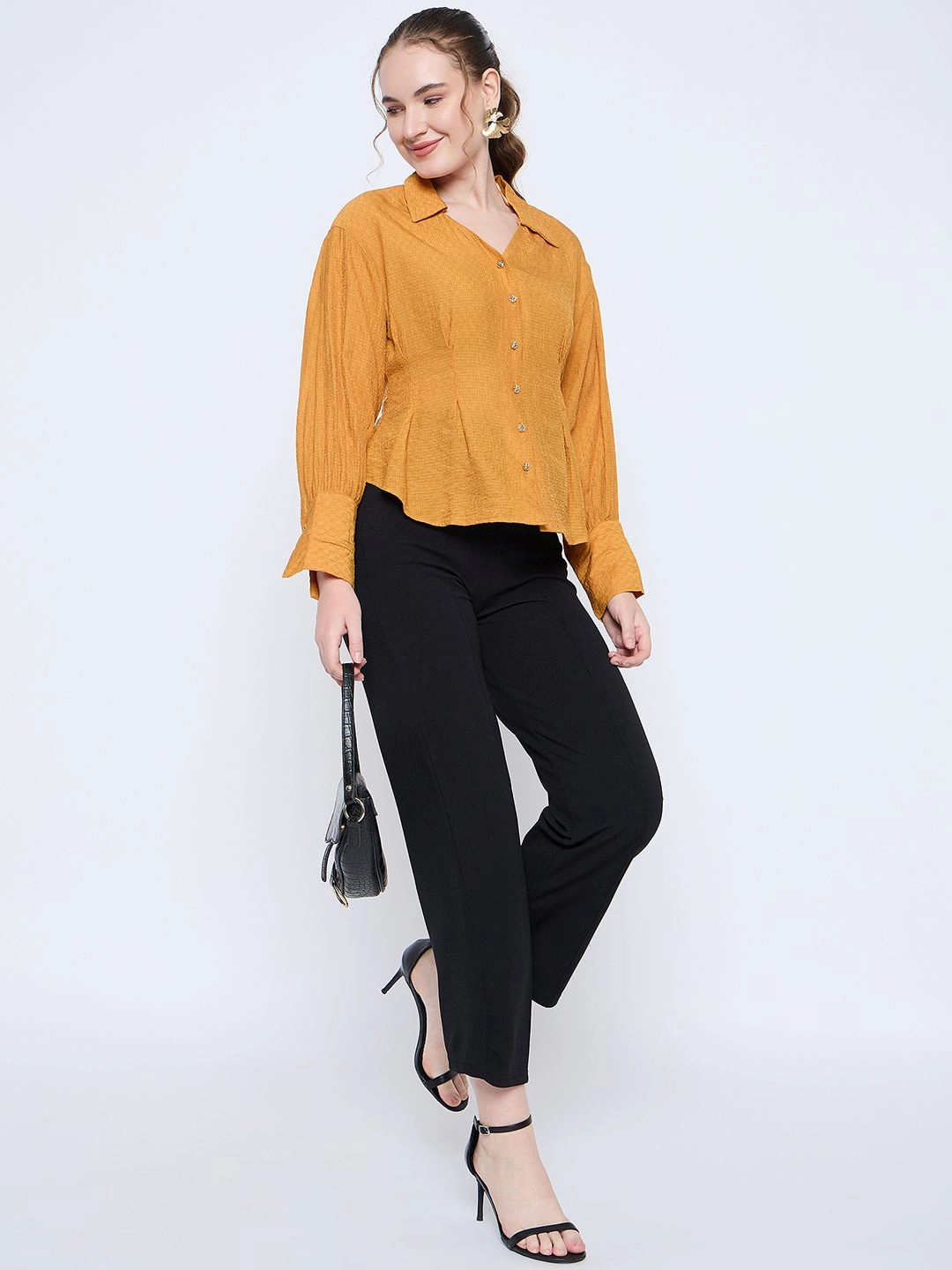 Cooling Mesh Lining Contemporary Look Madame Pleat Detailed Pearl Buttoned Solid Mustard Yellow Shirt