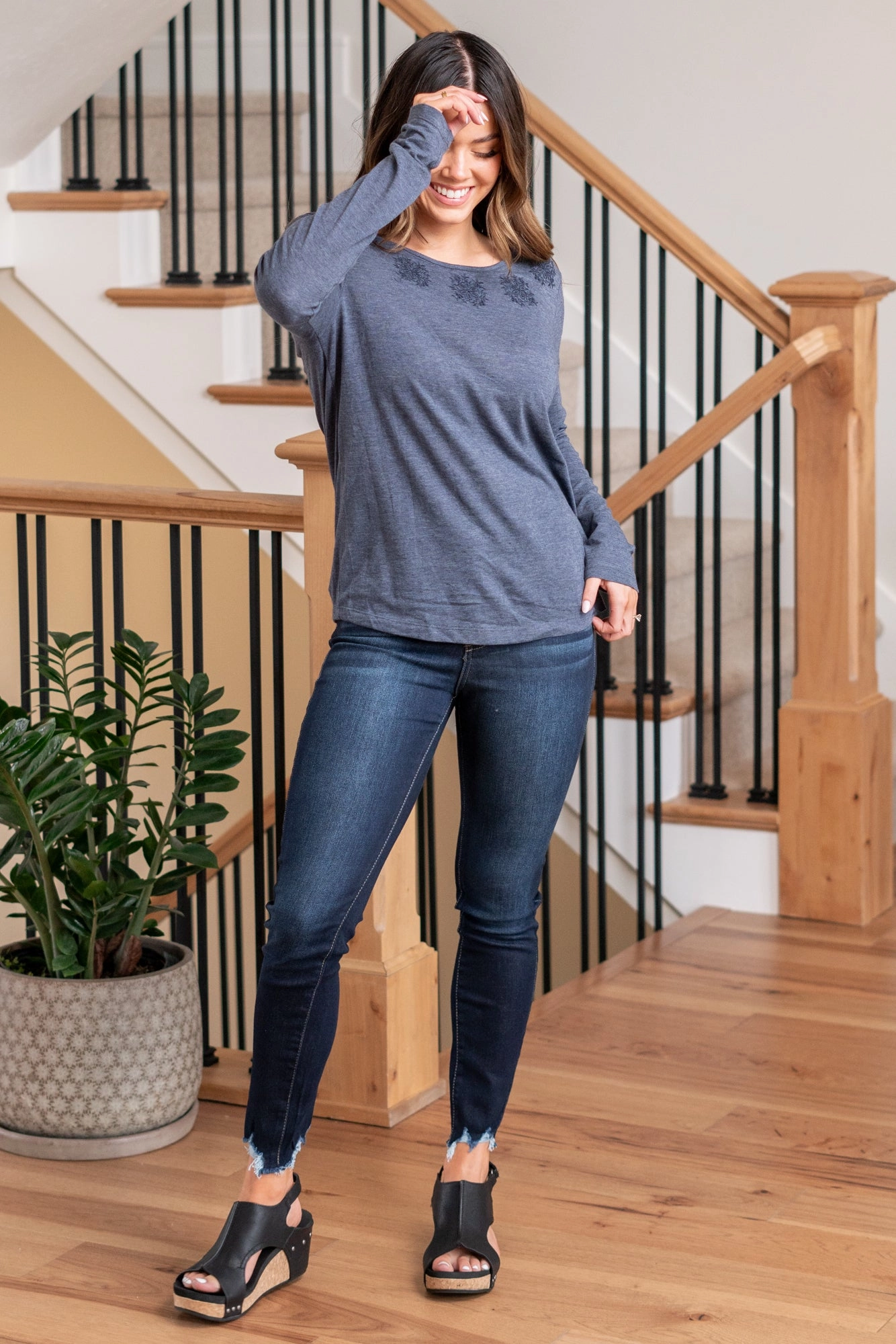 Sporty Design Fun and Relaxed Morgan Embroidered Tie Back Long Sleeve  - Navy T-Shirt