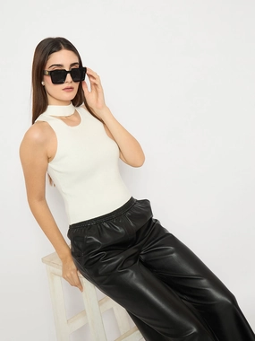 Trendy Comfort Versatile Piece Madame Off White Ribbed Sleeveless Cutout Sweater