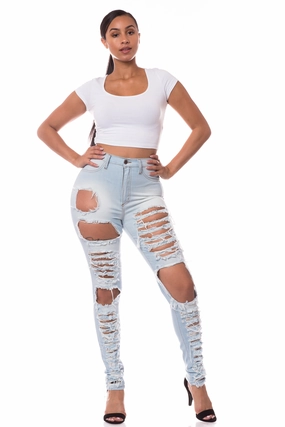 4350 Super High Waisted Distressed Skinny Jeans with Cut Outs Outdoor Casual Contemporary Waistband