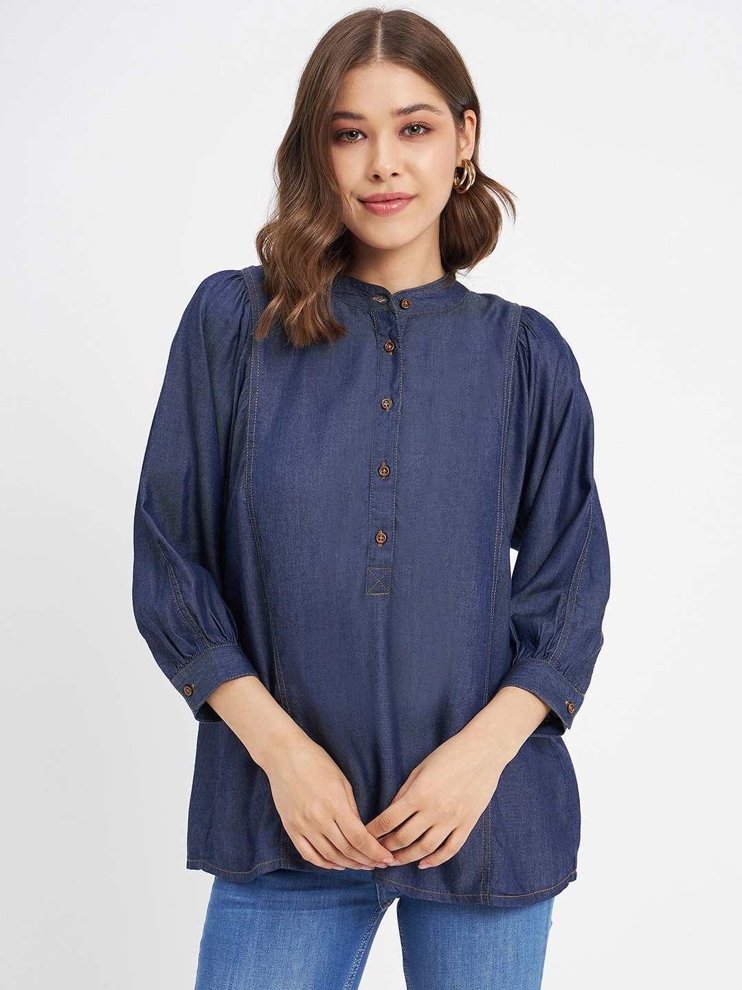Madame Button-Down Front Solid Dark Navy Cotton Top Reflective Trim