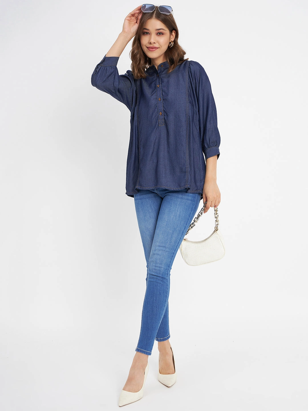 MoistureWicking Material Madame Button-Down Front Solid Dark Navy Cotton Top