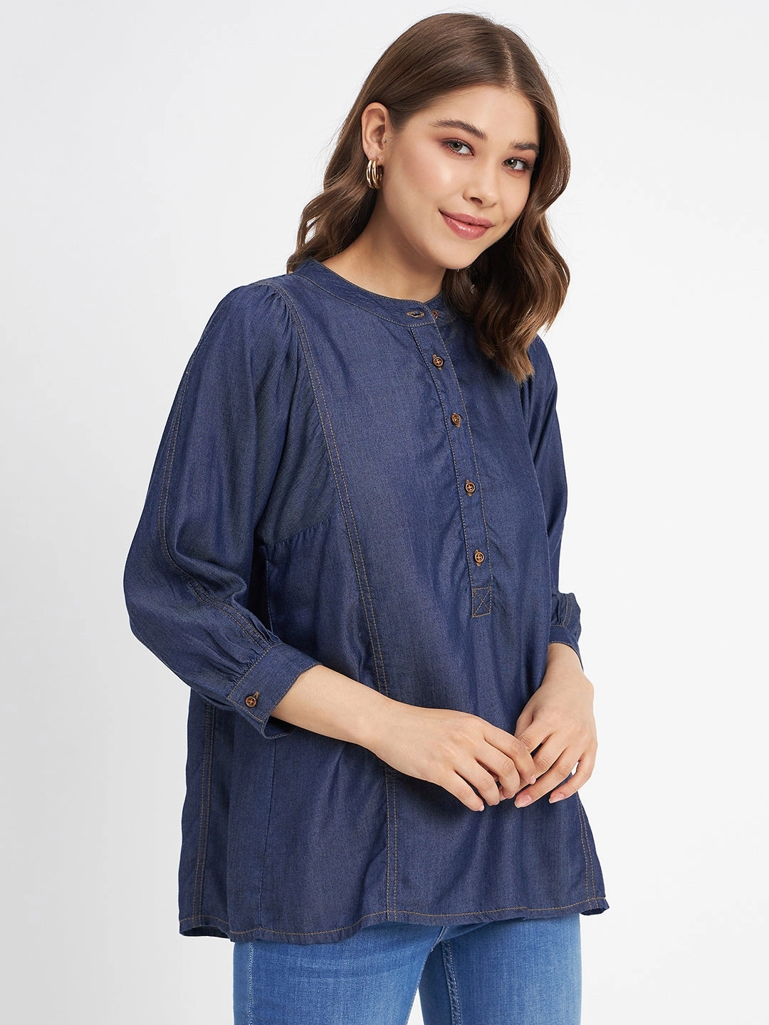 Zero Waste Cut Pattern Relaxed Top Madame Button-Down Front Solid Dark Navy Cotton Top