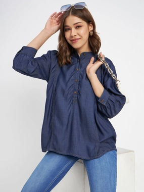 NoTagLabel Brushed Interior Madame Button-Down Front Solid Dark Navy Cotton Top