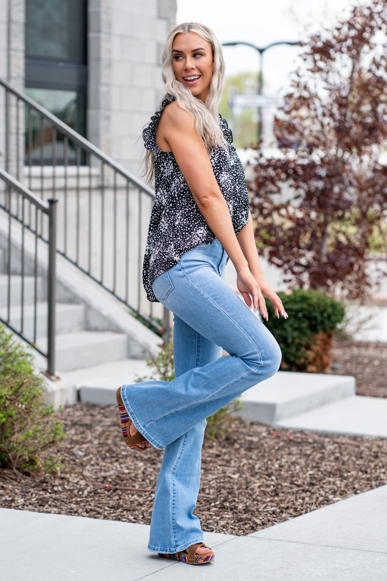 Comfort Stretch Weave Garment Washed Softness Just Fine High Rise Flare