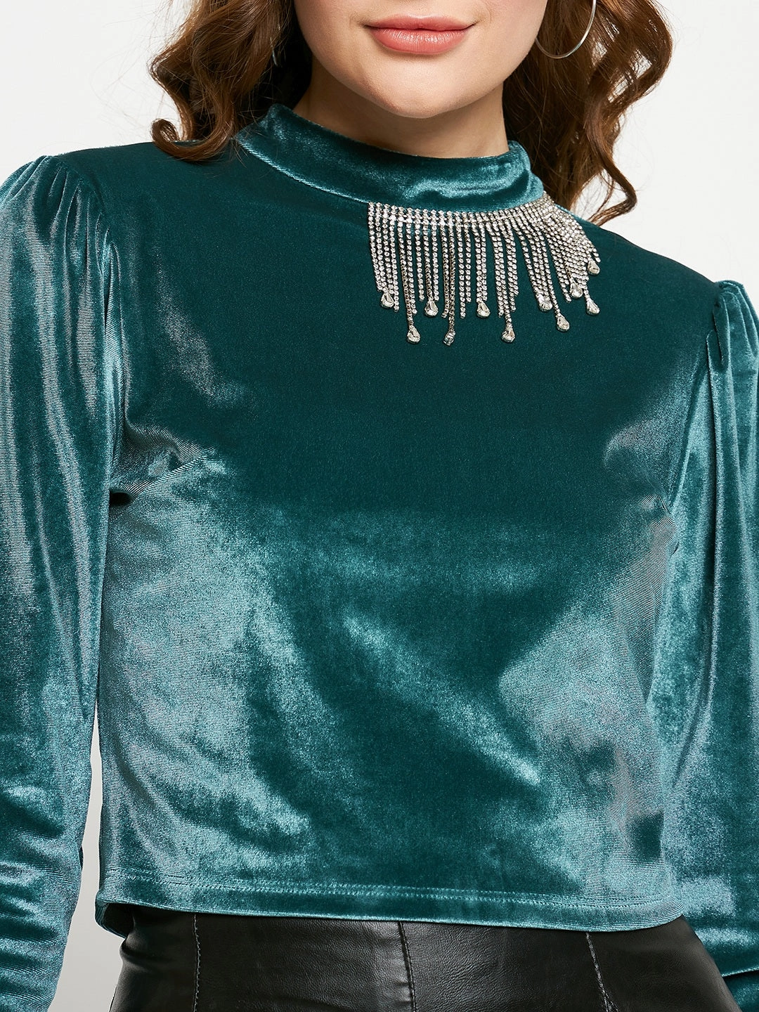 Madame Peacock Blue Rhinestone Embellished Mock Neck Velvet Top Retro Style