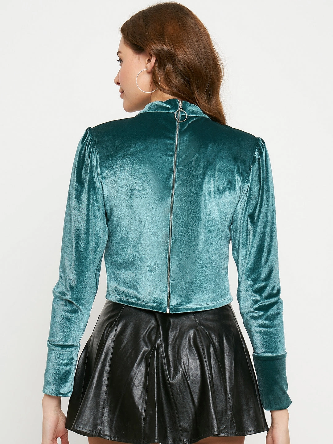 QuickDrySystem Madame Peacock Blue Rhinestone Embellished Mock Neck Velvet Top