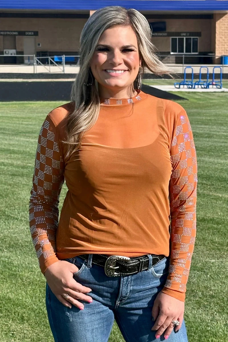 NonChafe Tag Placement Thermal Regulating Fabric Sterling Kreek Checked In Burnt Orange Mesh Top