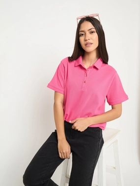Madame Cotton Blend Solid Pink Polo T-shirt GarmentDyed