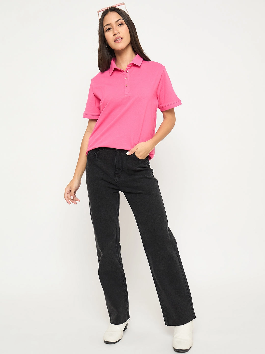 Madame Cotton Blend Solid Pink Polo T-shirt Multi Directional Zipper Placement