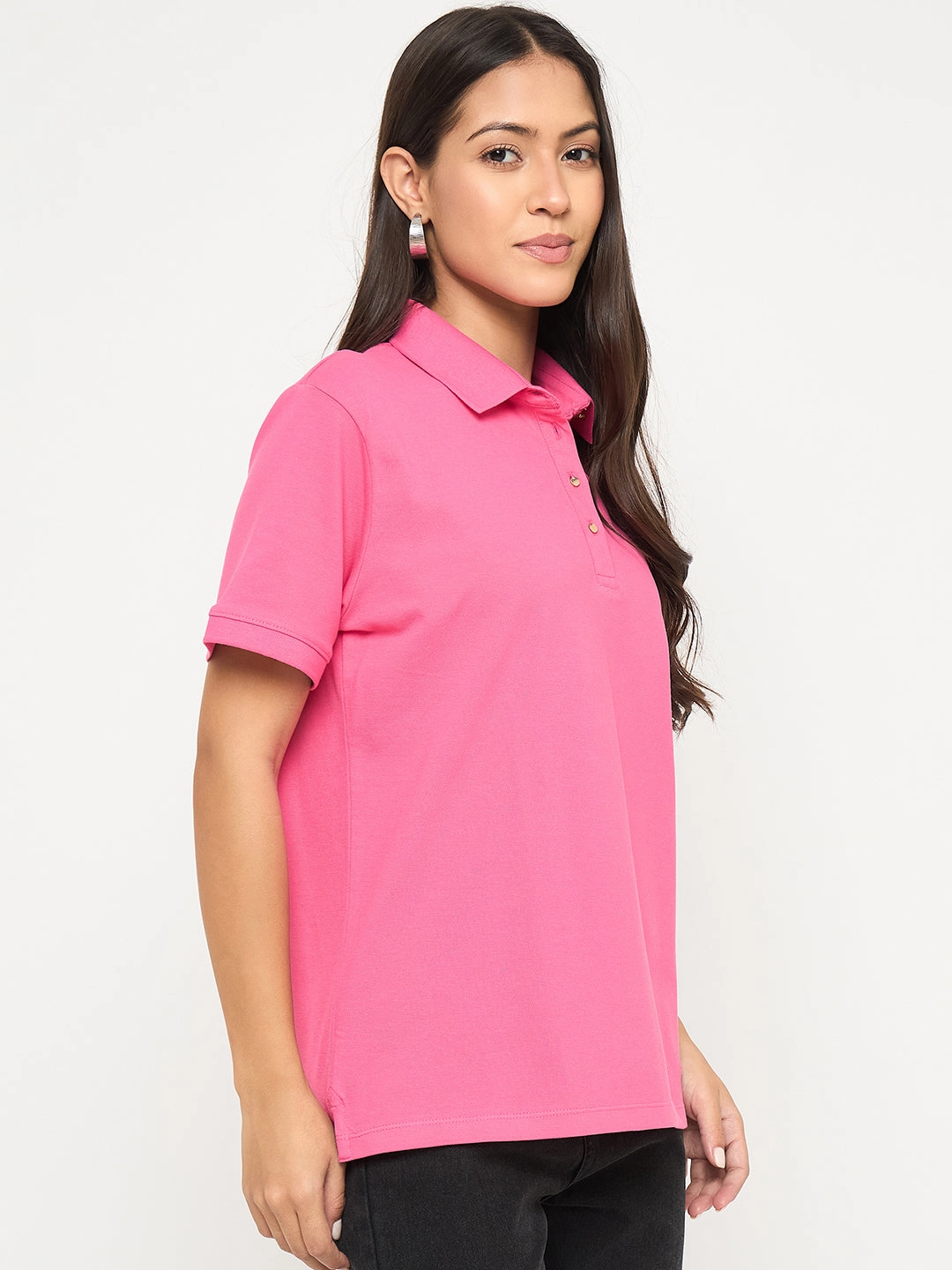 Madame Cotton Blend Solid Pink Polo T-shirt TaglessCollars