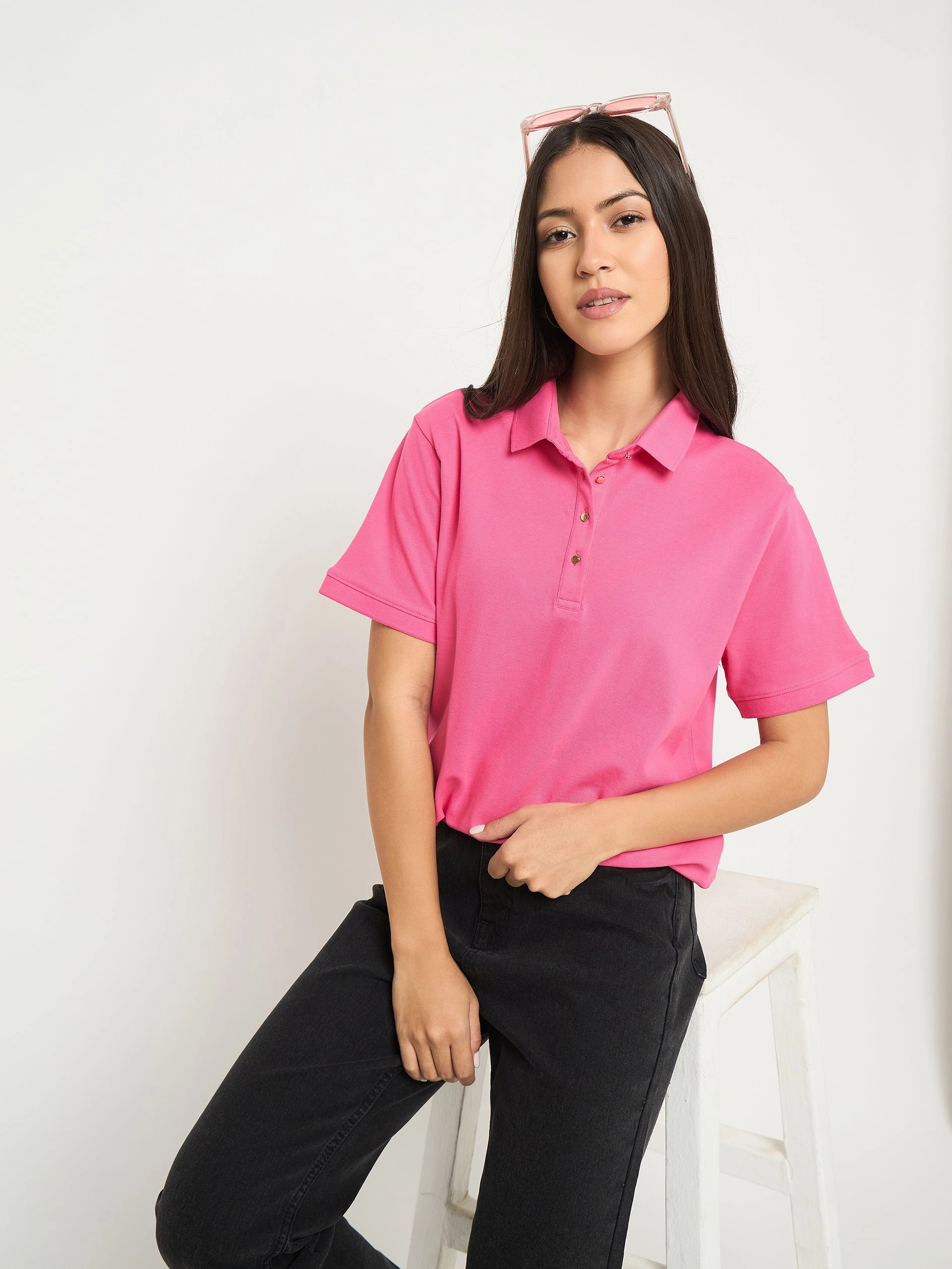 Madame Cotton Blend Solid Pink Polo T-shirt GarmentDyed