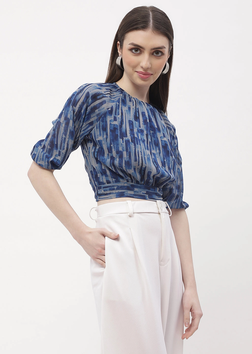 Madame Raglan Sleeve Blue Abstract Print Crop Top Formal Wear