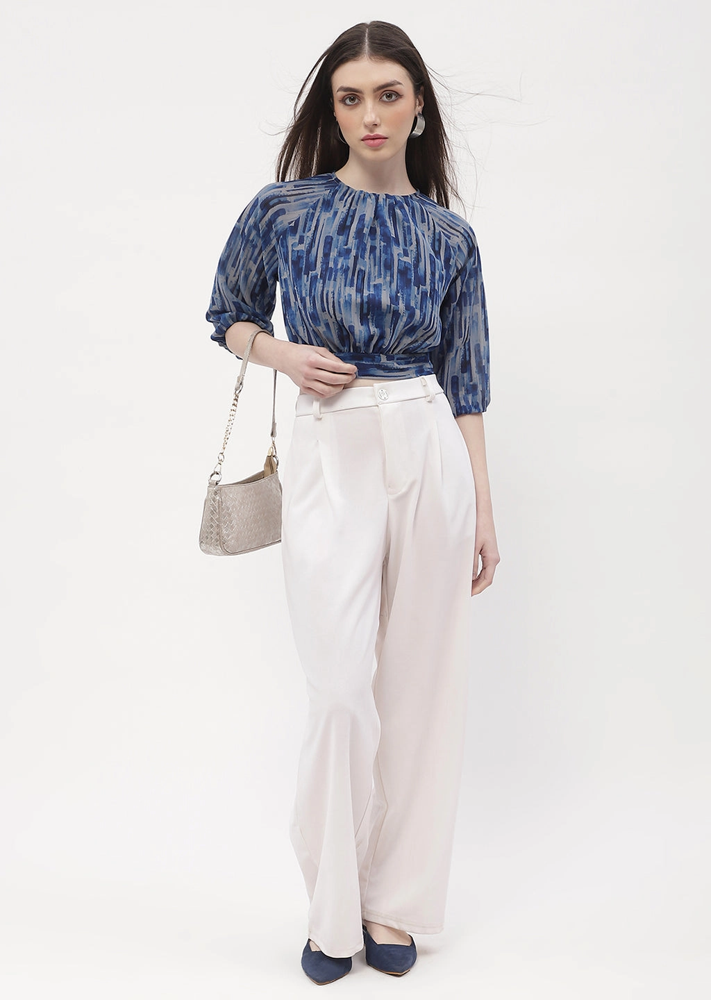 Madame Raglan Sleeve Blue Abstract Print Crop Top OdorResistant Treatment