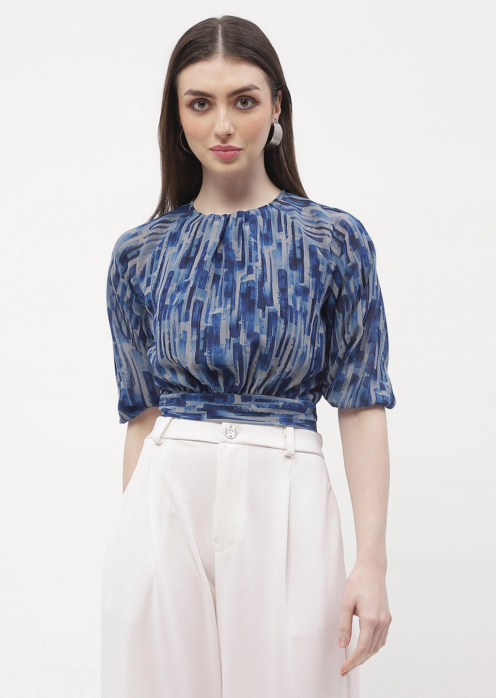 Madame Raglan Sleeve Blue Abstract Print Crop Top BondedHemline