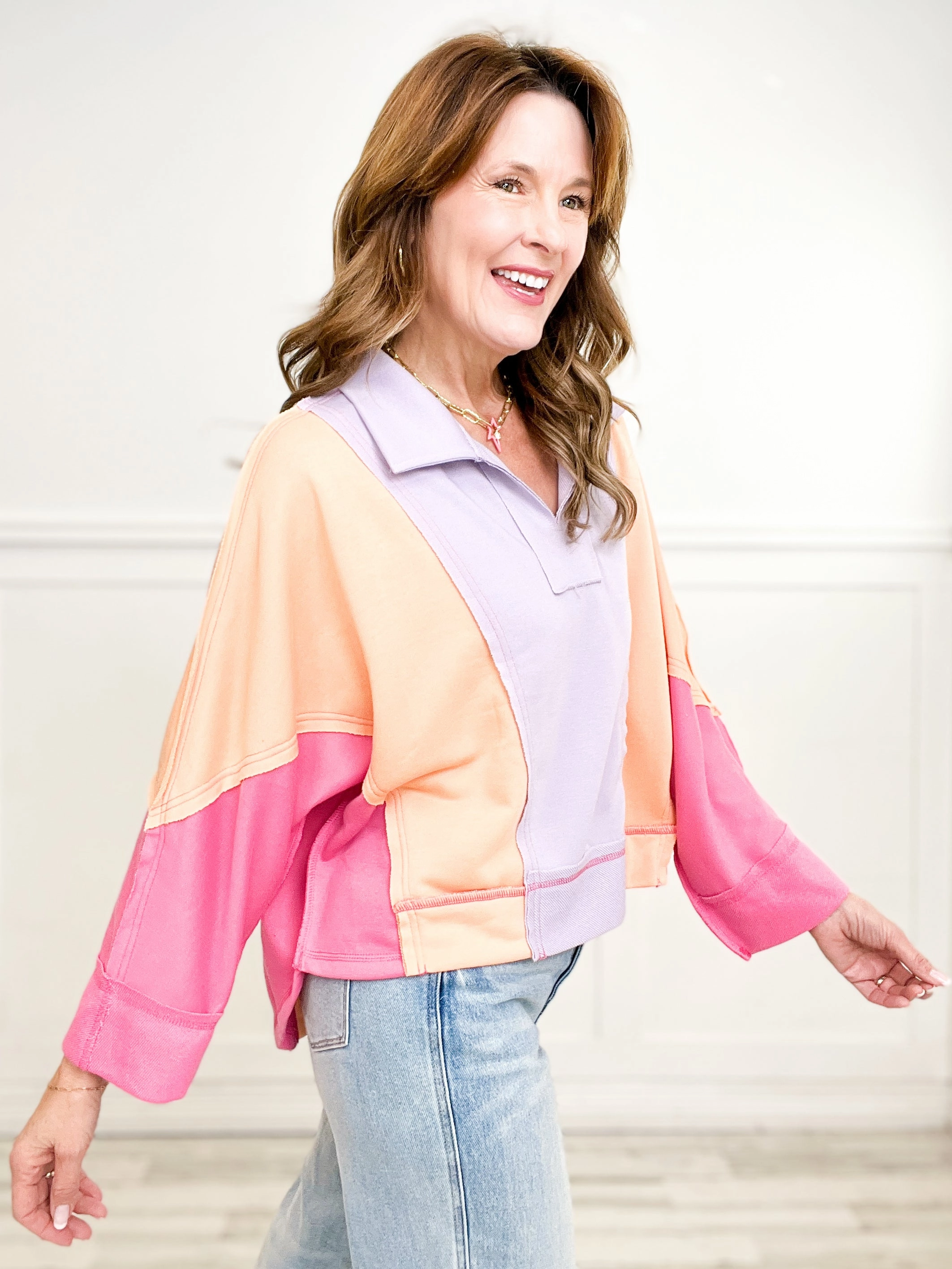 Effortless Layer Soft Layers Solid Knit Color Block Top with Collared Neckline and Hi-Lo Hem