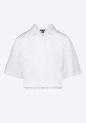 Sorcha Women's Short-Sleeve Cropped Shirt with Embroidered Floral Details, White - WT0158P Minimalist fashion