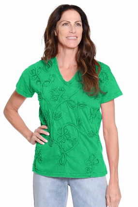 Soutache Trim V-Neck Shirt ?C Green Smooth Stitching