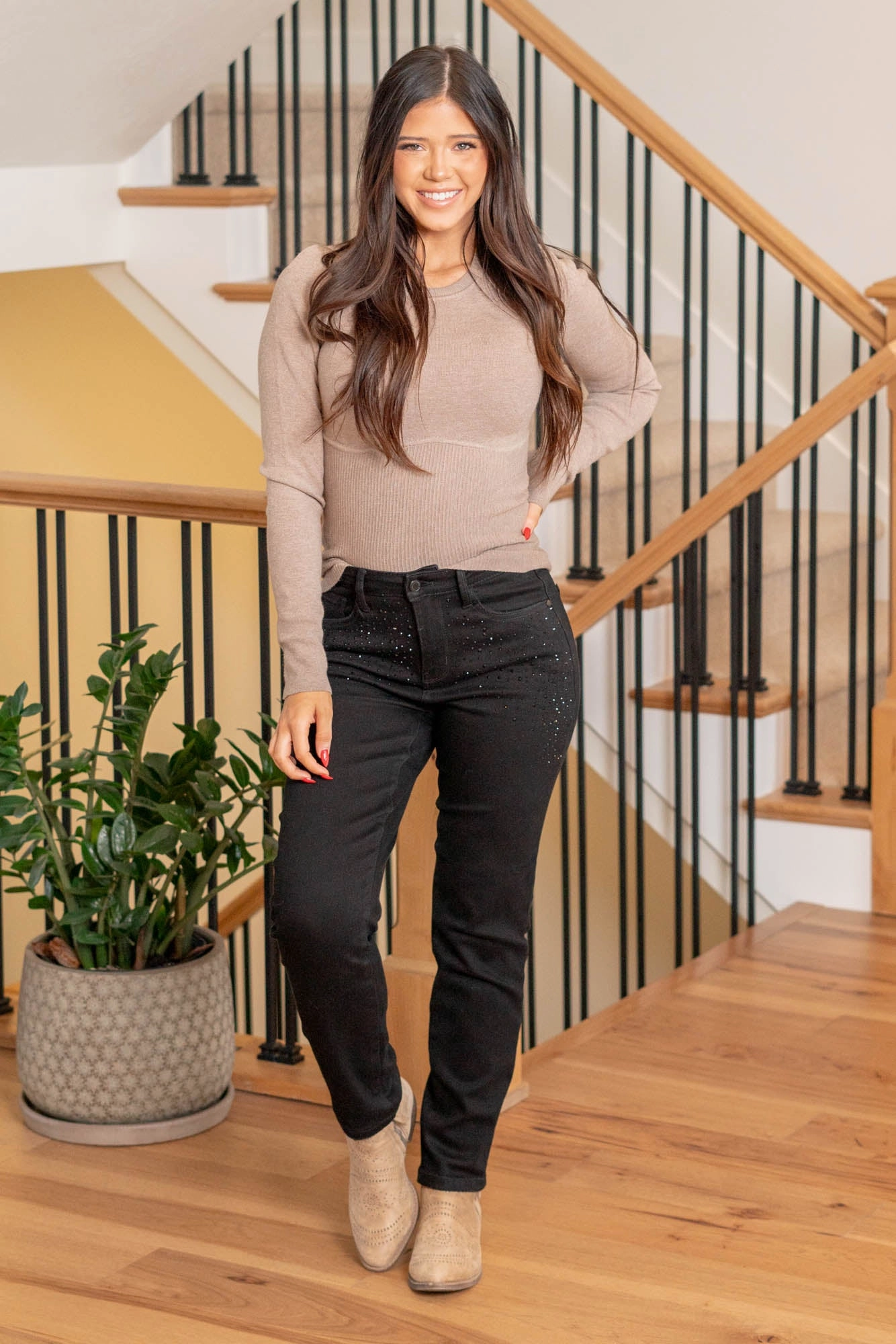 Southern Charm Rhinestone Embellished High Rise Slim Fit Lightweight Parent Style Durable Comfortable Tailoring