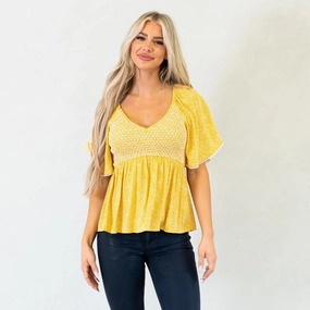 Hem & Thread Marigold Muse Ditsy Smocked Peplum Top Mustard Subtle Details Street Chic