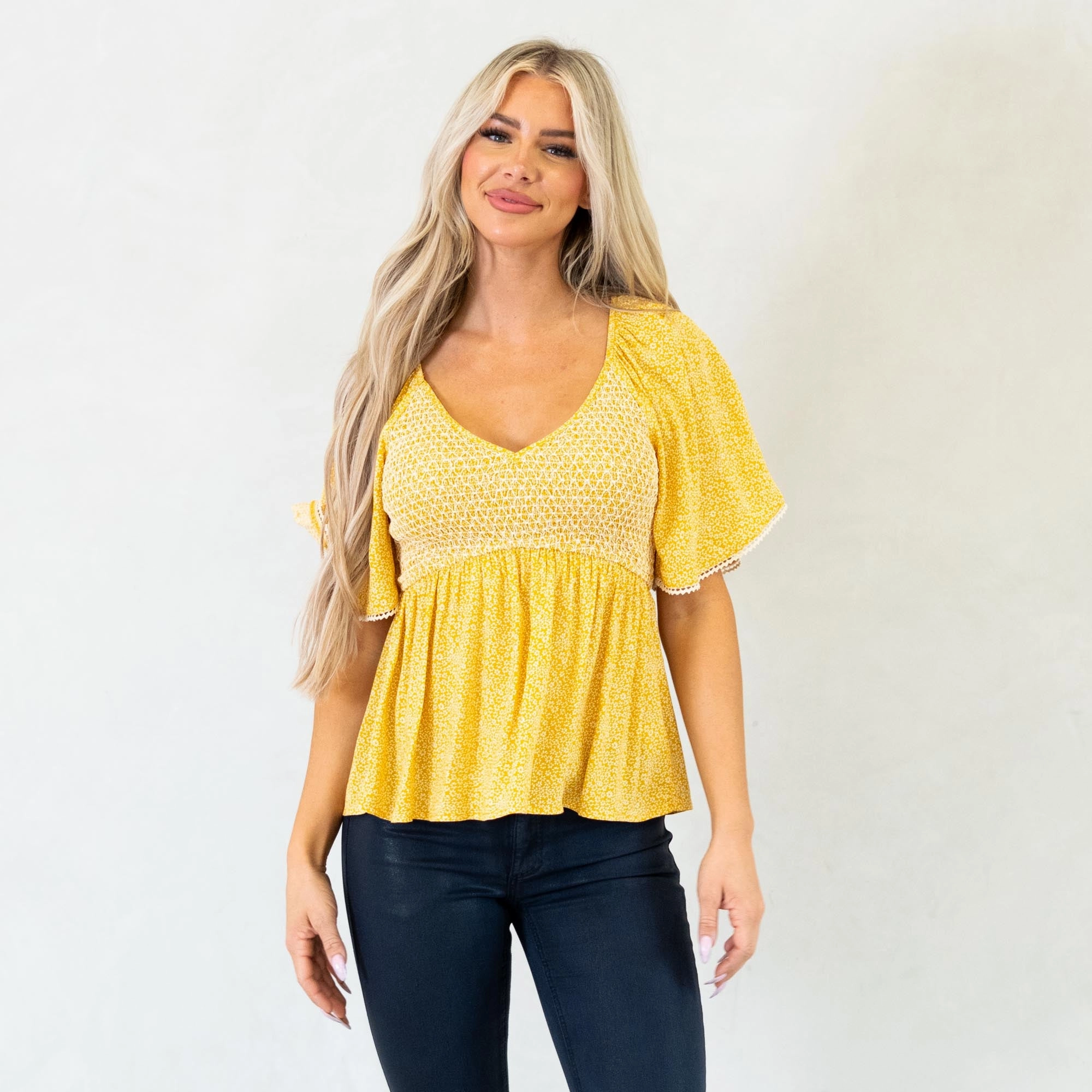 Hem & Thread Marigold Muse Ditsy Smocked Peplum Top Mustard Subtle Details Street Chic