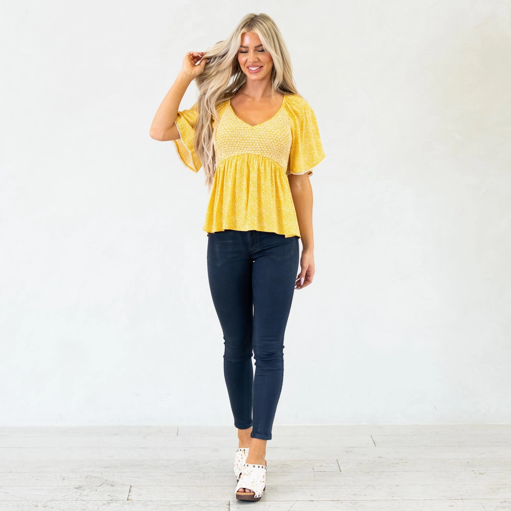 Minimal Look Hem & Thread Marigold Muse Ditsy Smocked Peplum Top Mustard