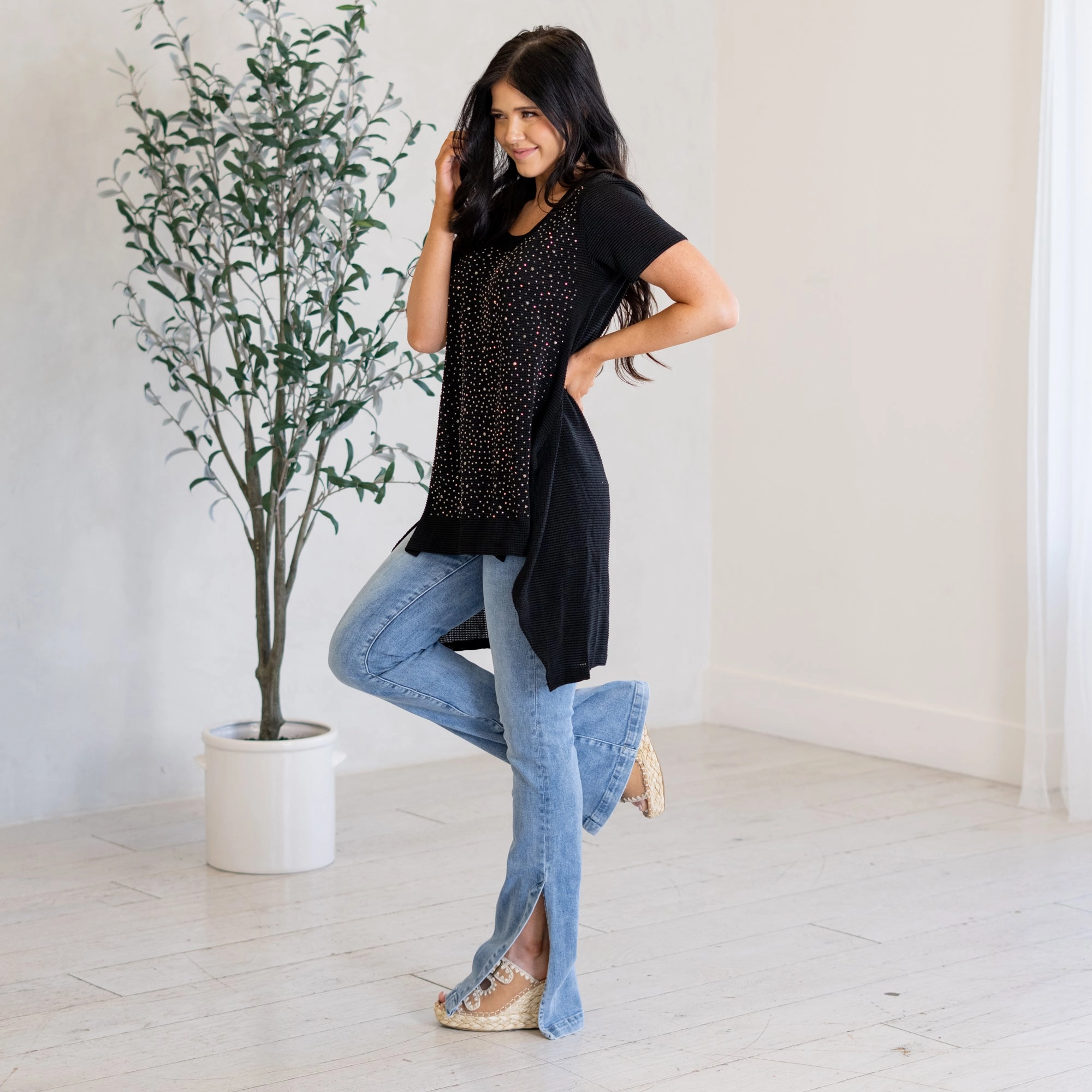 Ventilated Back Panel Trendy Layer Sparkle Stone Hi Lo Hem Top