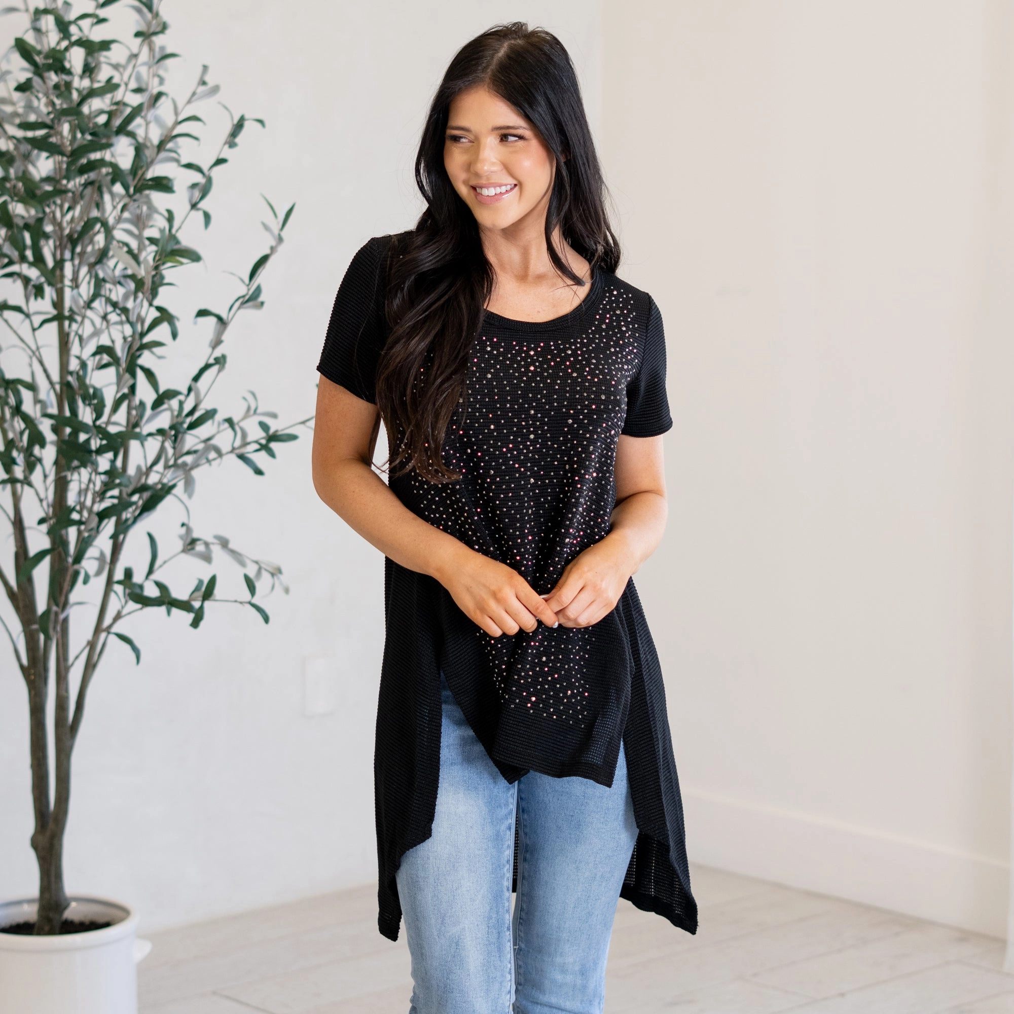 Fast Drying bohemian flair Sparkle Stone Hi Lo Hem Top